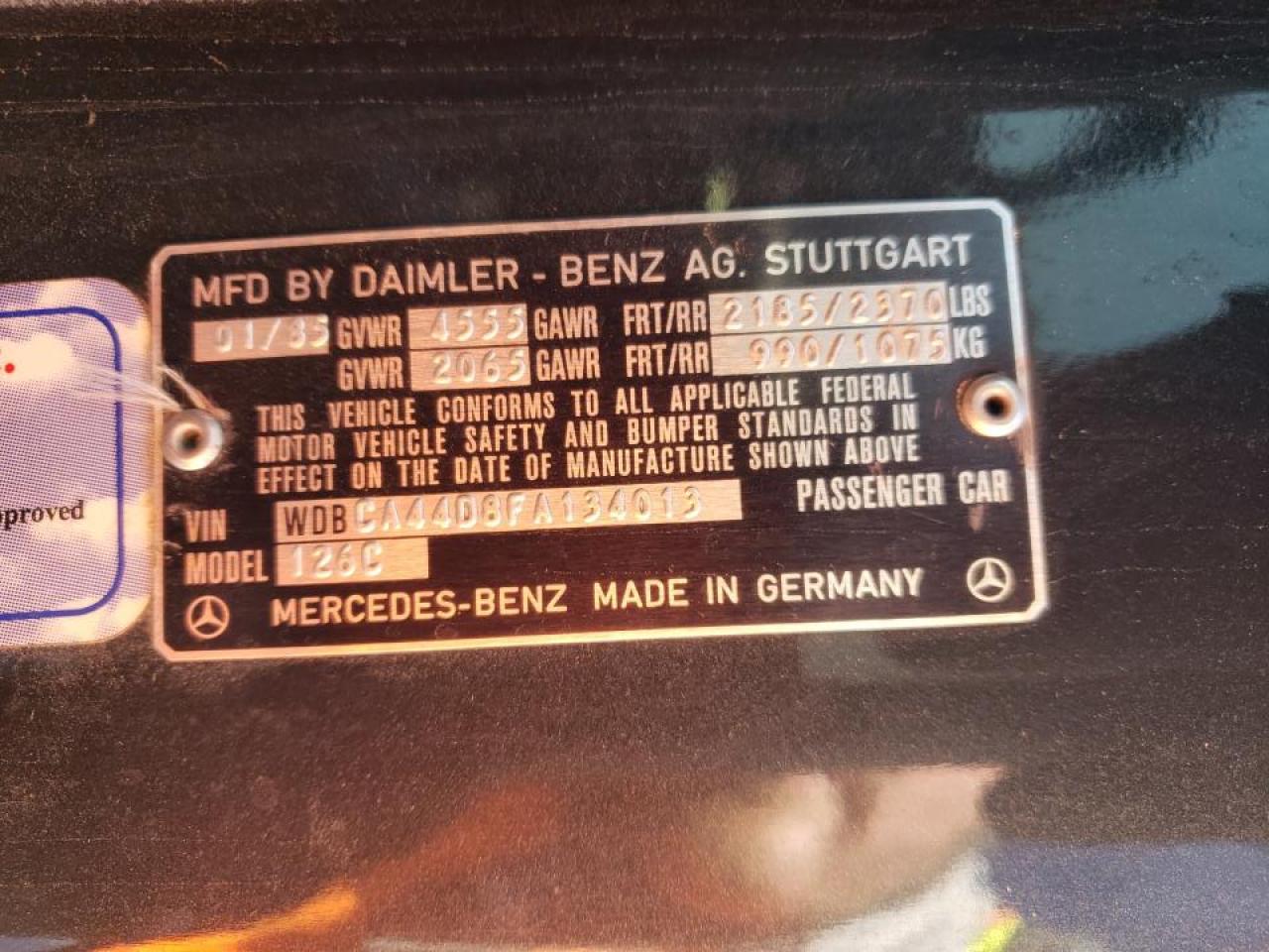 Photo 10 from auction – 1985 MERCEDES-BENZ 500 SEC with VIN WDBCA44D4FA134013