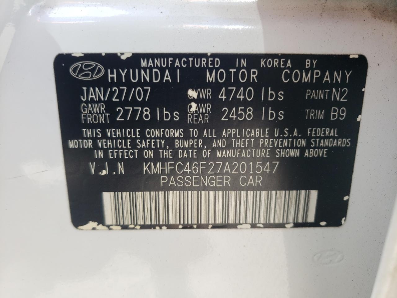 Photo 10 from auction – 2007 HYUNDAI AZERA SE with VIN KMHFC46F27A201547