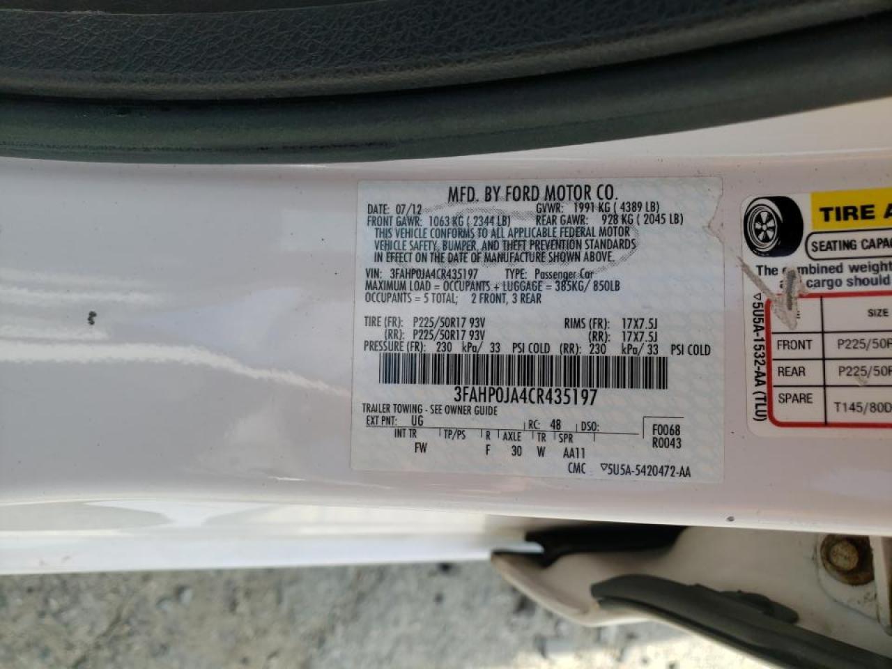 Photo 10 from auction – 2012 FORD FUSION SEL with VIN 3FAHP0JA4CR435197