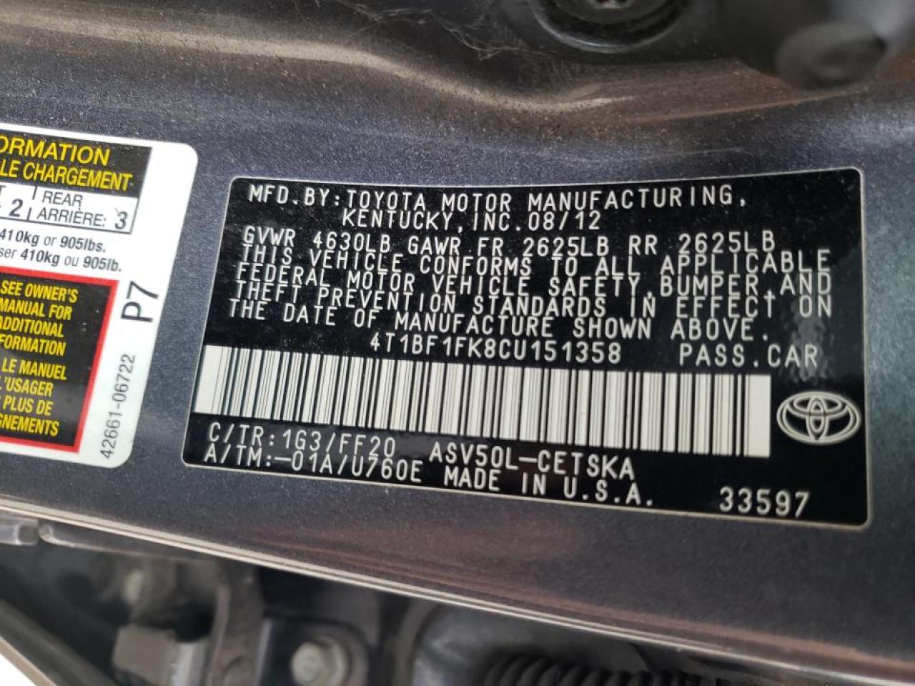 Photo 10 from auction – 2012 TOYOTA CAMRY BASE with VIN 4T1BF1FK8CU151358