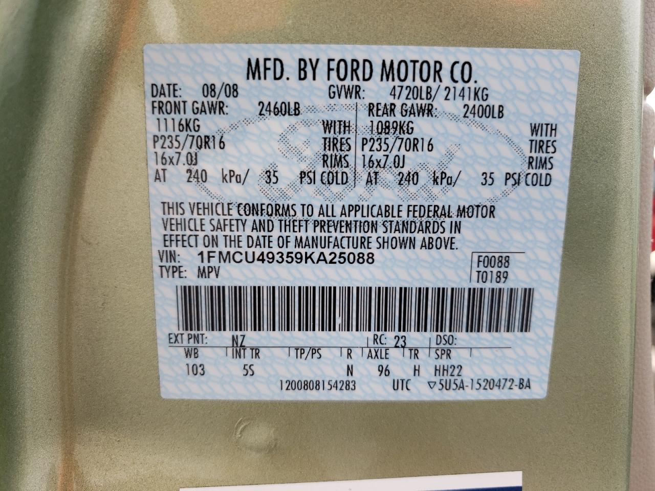 Photo 10 from auction – 2009 FORD ESCAPE HYB with VIN 1FMCU49359KA25088