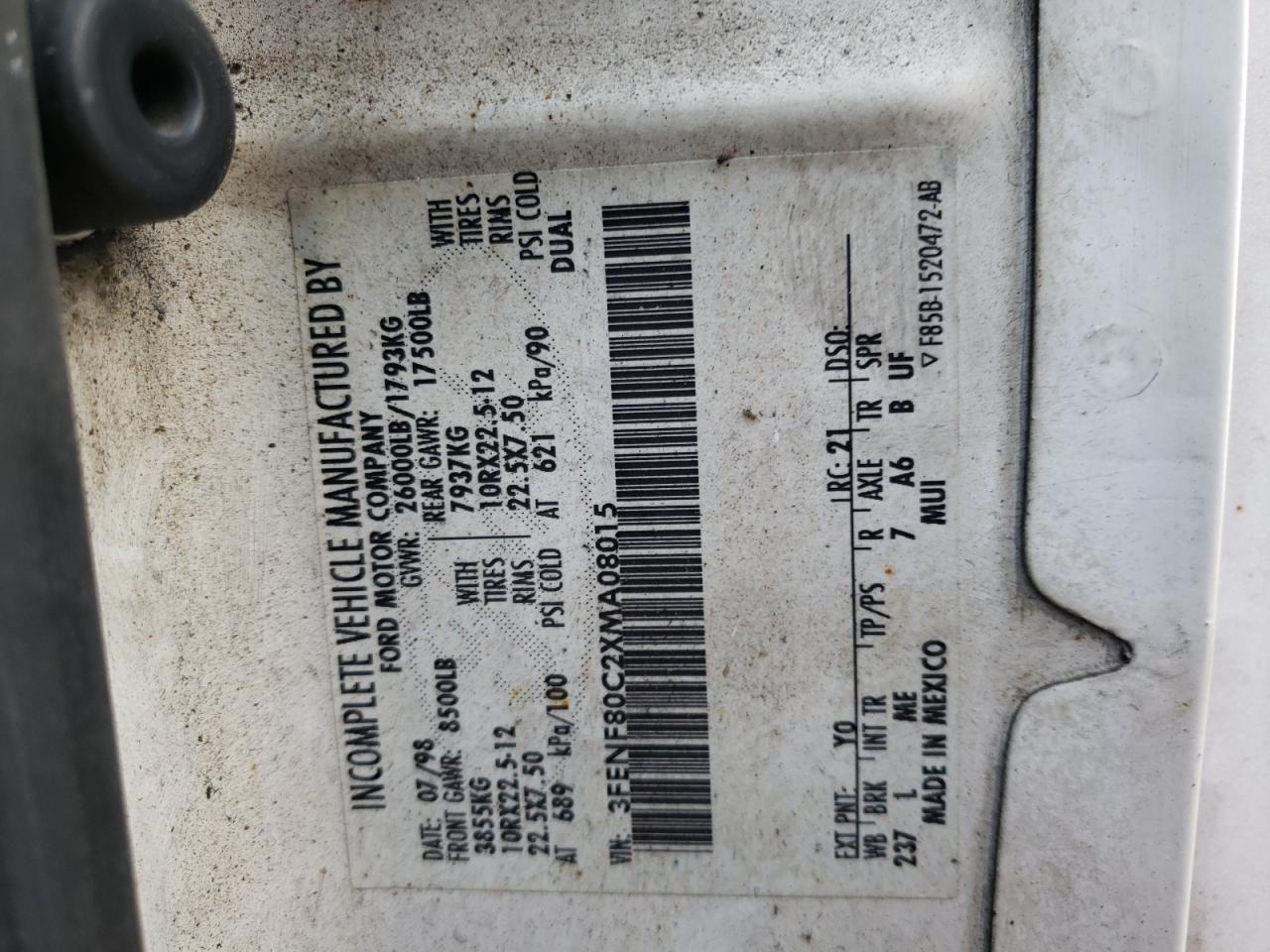 Photo 10 from auction – 1999 FORD F800 with VIN 3FENF80C2XMA08015