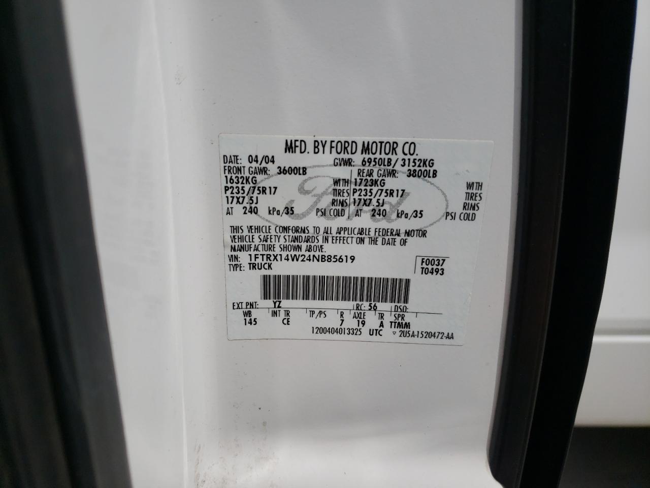 Zdjęcie 10 z aukcji – 2004 FORD F150 z VIN 1FTRX14W24NB85619