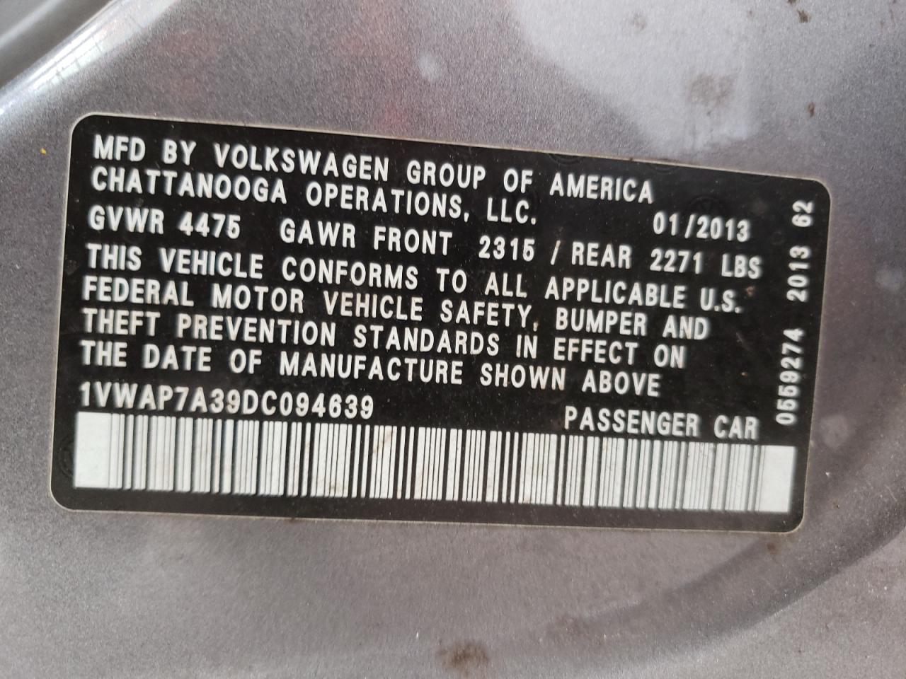 Photo 10 from auction – 2013 VOLKSWAGEN PASSAT S with VIN 1VWAP7A39DC094639