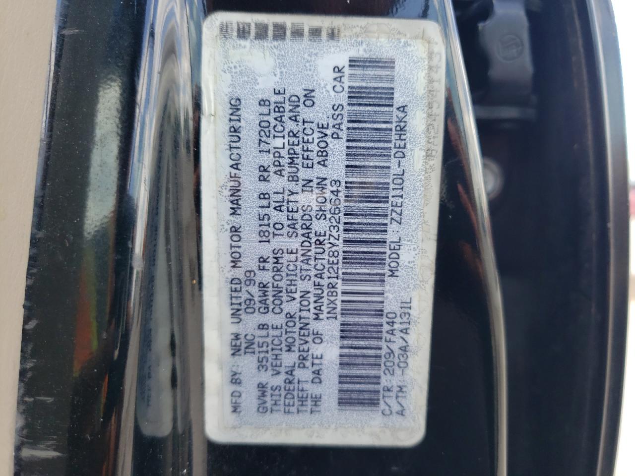 Photo 10 from auction – 2000 TOYOTA COROLLA VE with VIN 1NXBR12E8YZ326643