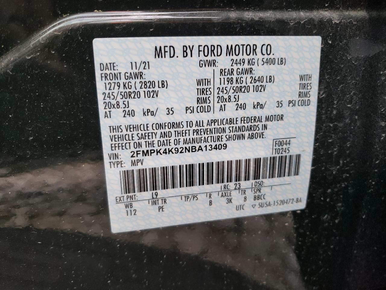 Photo 10 from auction – 2022 FORD EDGE TITAN with VIN 2FMPK4K92NBA13409
