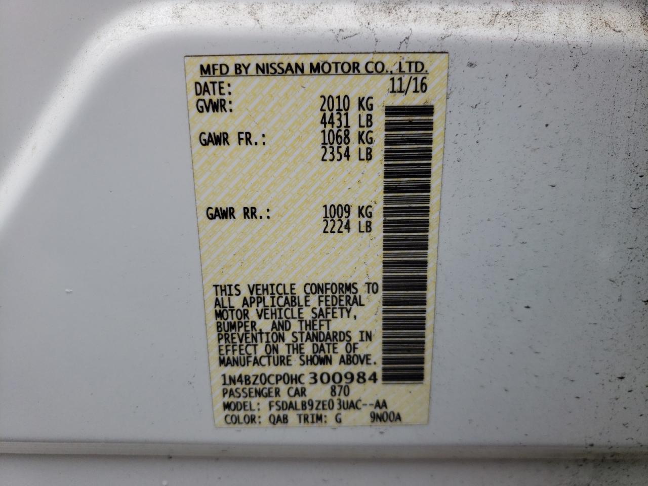 Photo 10 from auction – 2017 NISSAN LEAF S with VIN 1N4BZ0CP0HC300984