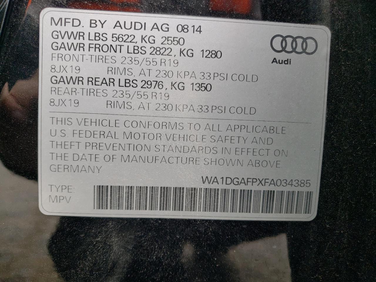 Photo 10 from auction – 2015 AUDI Q5 PREMIUM with VIN WA1DGAFPXFA034385
