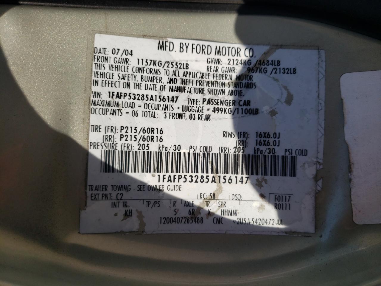 Photo 10 from auction – 2005 FORD TAURUS SE with VIN 1FAFP53285A156147