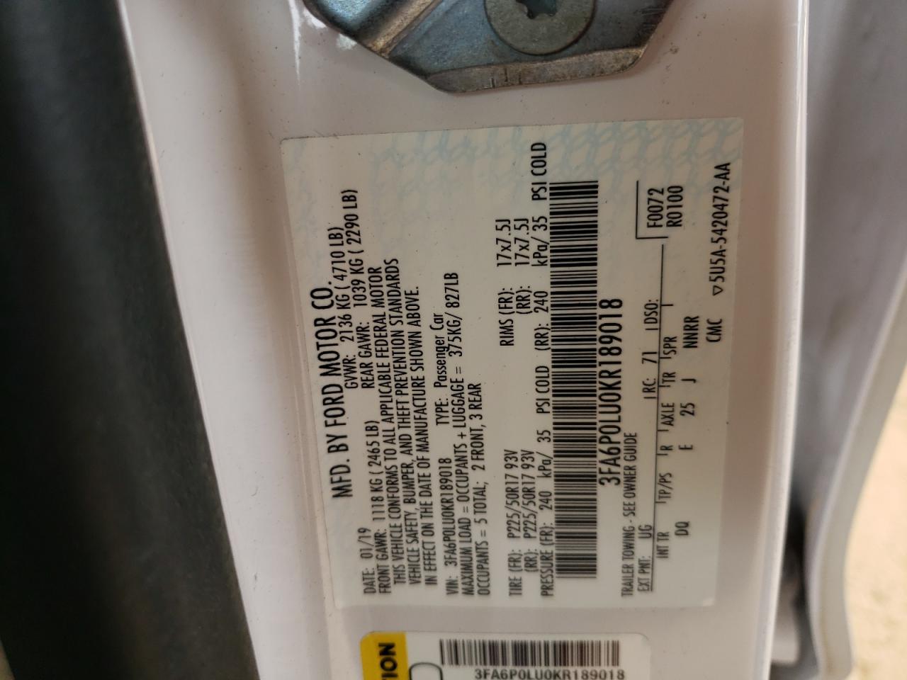 Photo 10 from auction – 2019 FORD FUSION SE with VIN 3FA6P0LU0KR189018