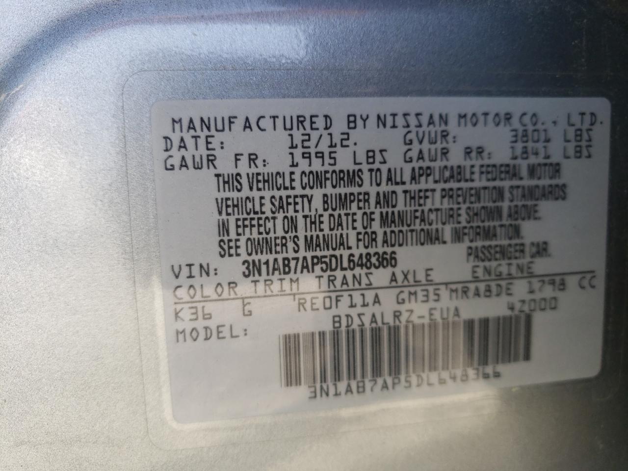 Photo 10 from auction – 2013 NISSAN SENTRA S with VIN 3N1AB7AP5DL648366