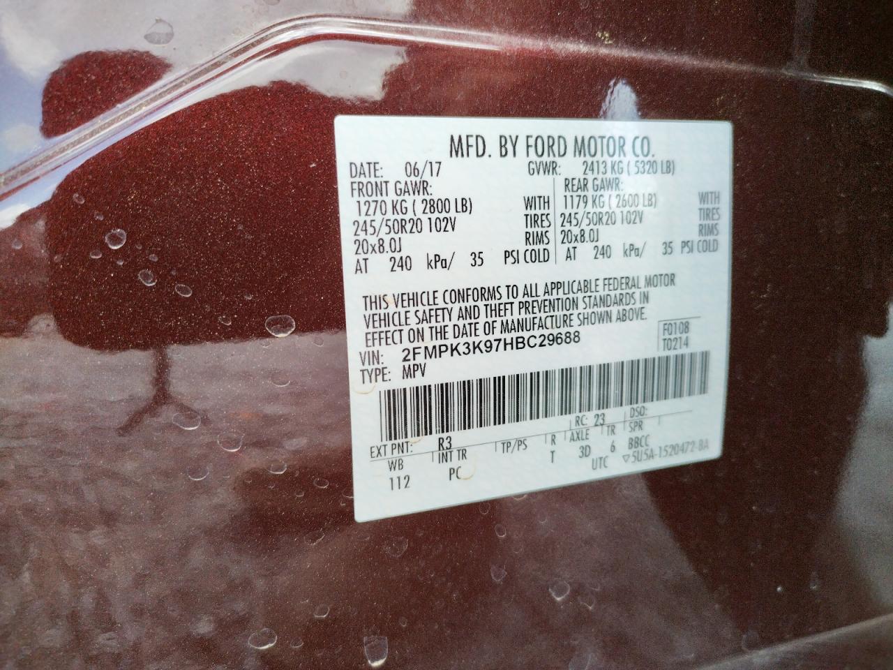 Photo 10 from auction – 2017 FORD EDGE TITAN with VIN 2FMPK3K97HBC29688