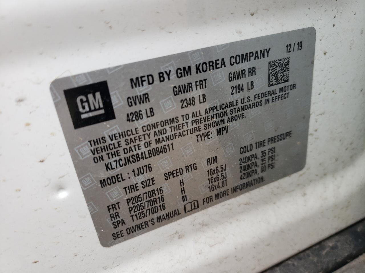 Photo 10 from auction – 2020 CHEVROLET TRAX LS with VIN KL7CJKSB4LB084611