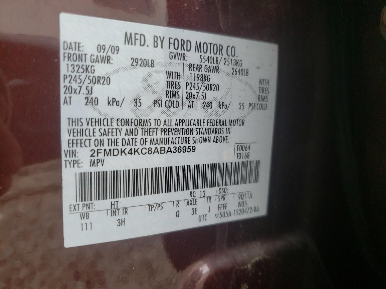 Photo 10 from auction – 2010 FORD EDGE LIMIT with VIN 2FMDK4KC8ABA36959