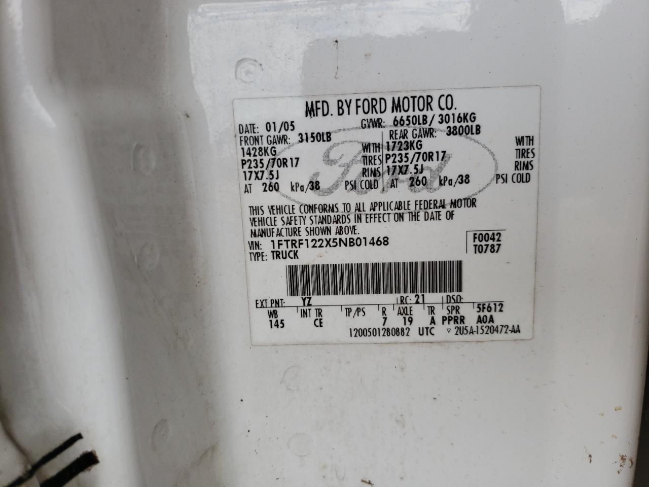 Photo 10 from auction – 2005 FORD F150 with VIN 1FTRF122X5NB01468