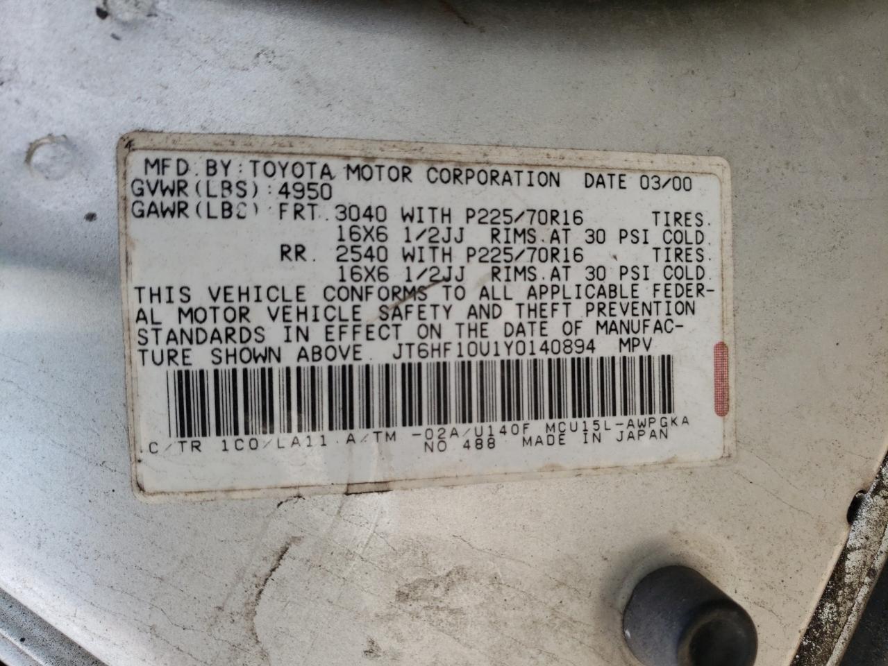Photo 10 from auction – 2000 LEXUS RX 300 with VIN JT6HF10U1Y0140894