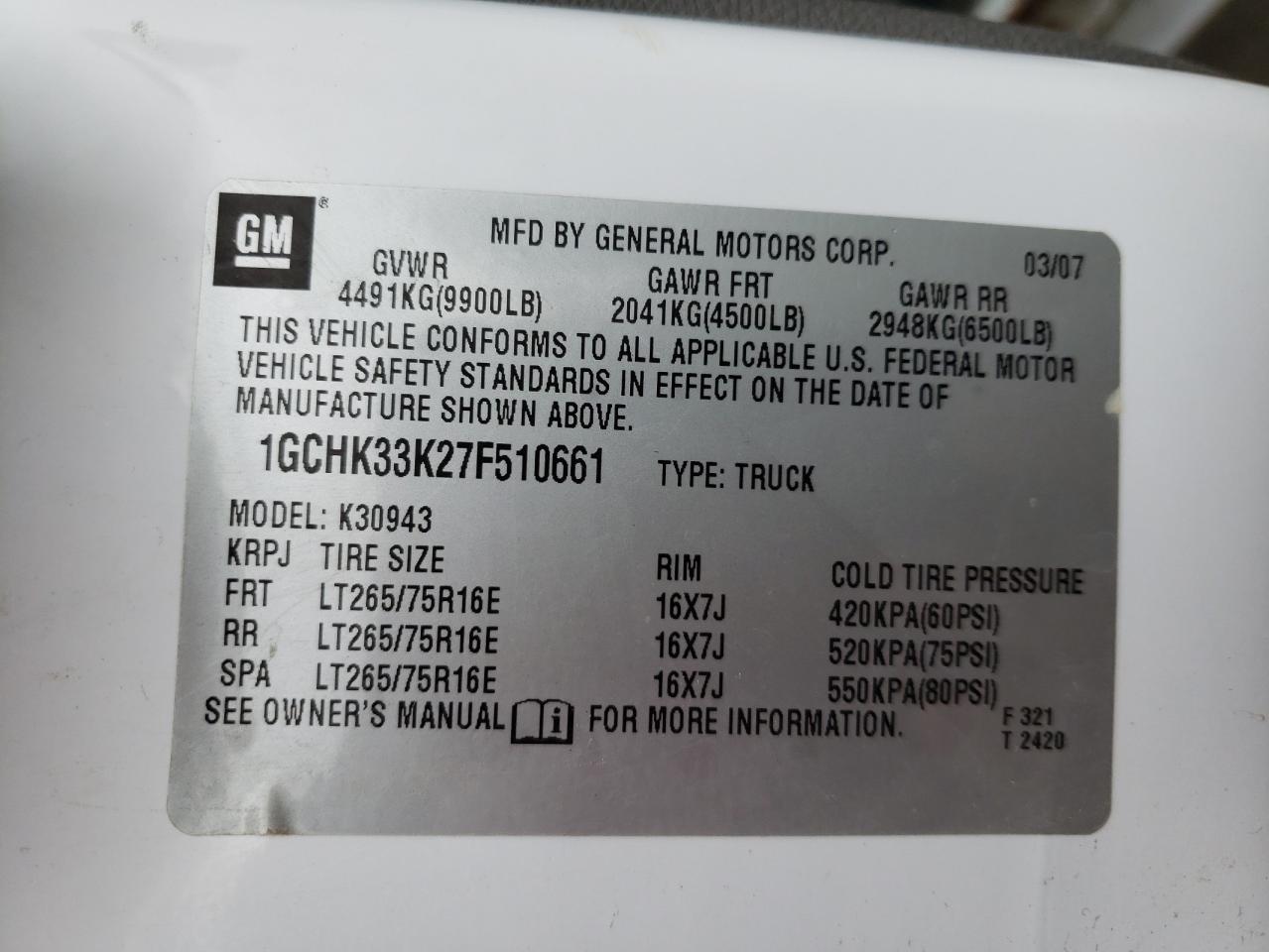 Photo 10 from auction – 2007 CHEVROLET SILVERADO with VIN 1GCHK33K27F510661