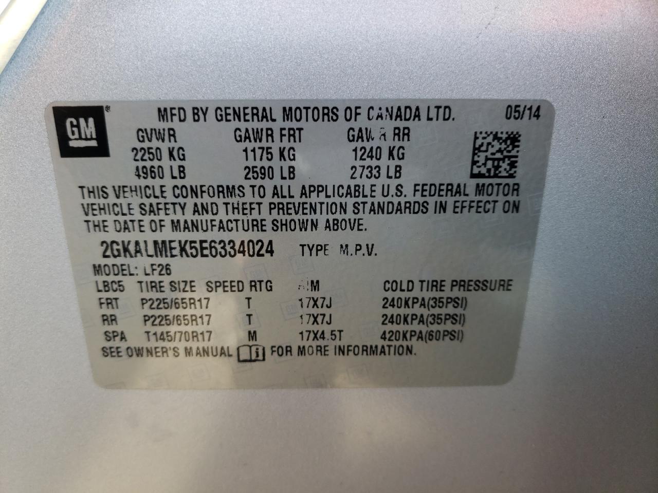 Photo 10 from auction – 2014 GMC TERRAIN SL with VIN 2GKALMEK5E6334024