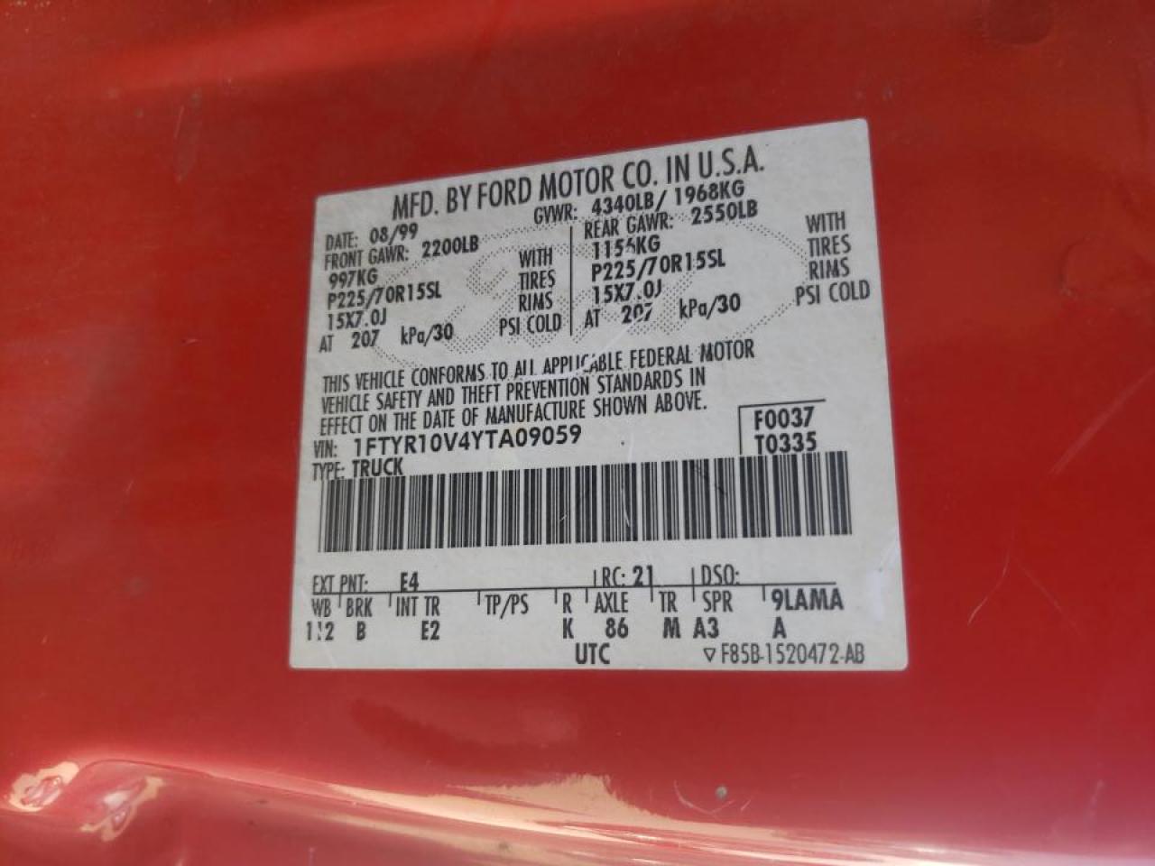 Photo 10 from auction – 2000 FORD RANGER with VIN 1FTYR10V4YTA09059