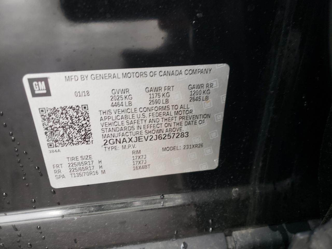 Photo 10 from auction – 2018 CHEVROLET EQUINOX LT with VIN 2GNAXJEV2J6257283