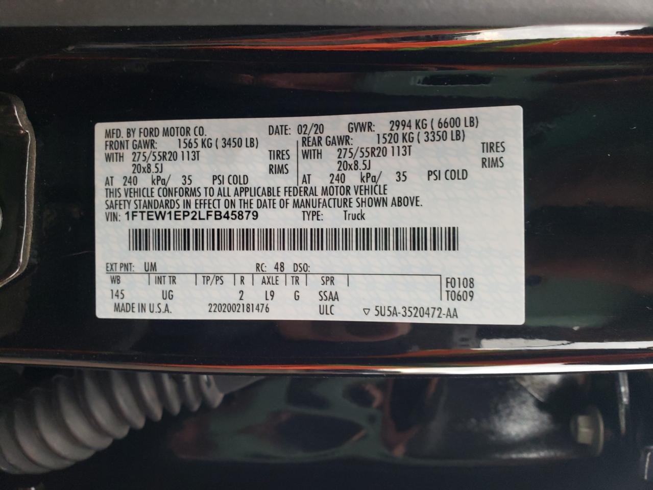Photo 10 from auction – 2020 FORD F150 SUPER with VIN 1FTEW1EP2LFB45879