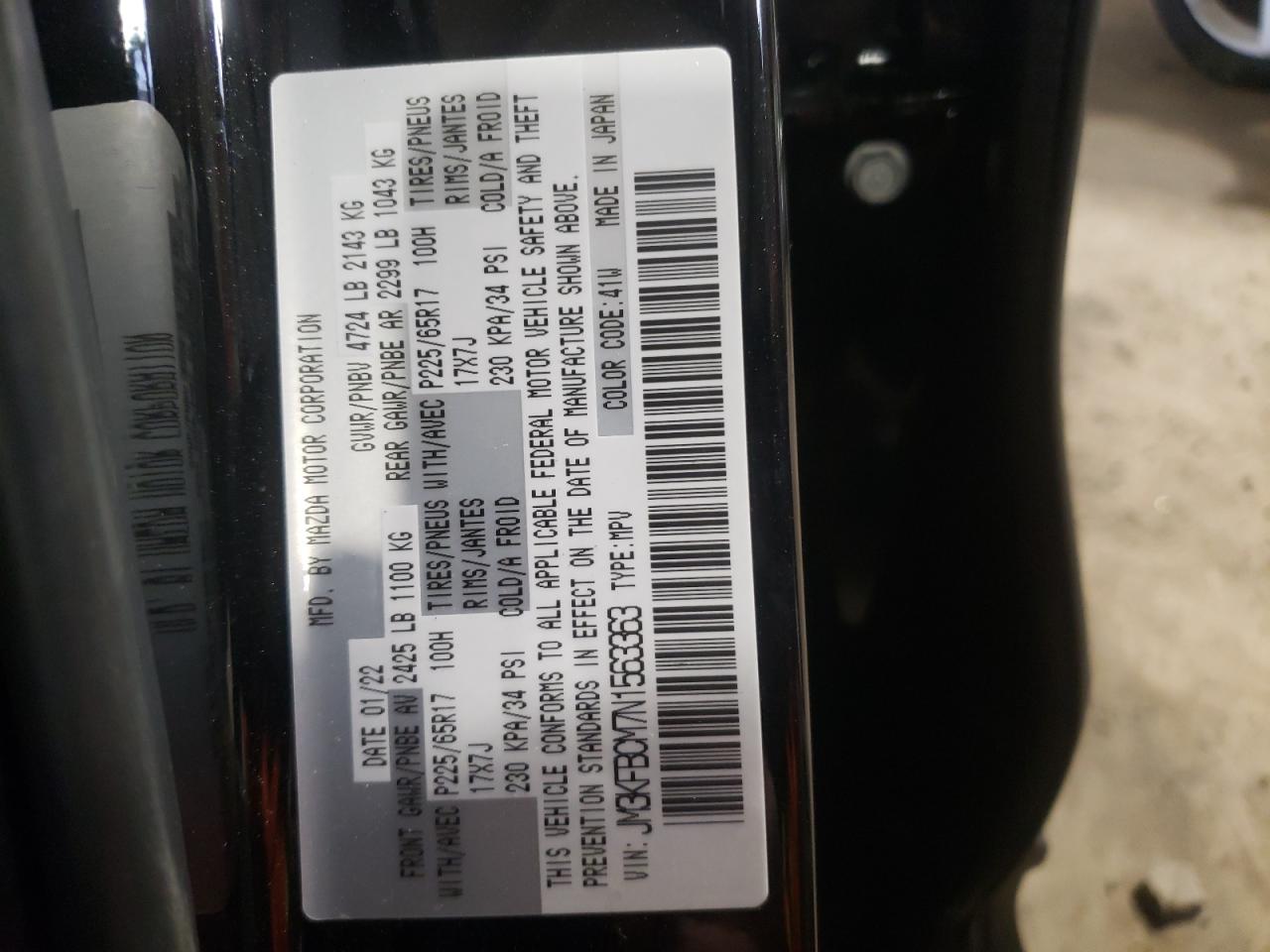 Photo 10 from auction – 2022 MAZDA CX-5 PREFE with VIN JM3KFBCM7N1563363