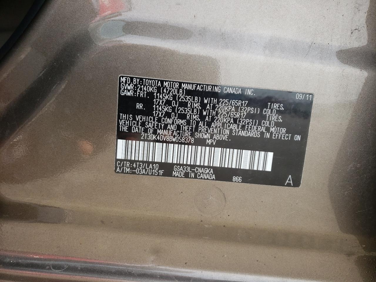 Photo 10 from auction – 2011 TOYOTA RAV4 LIMIT with VIN 2T3DK4DV8BW058378