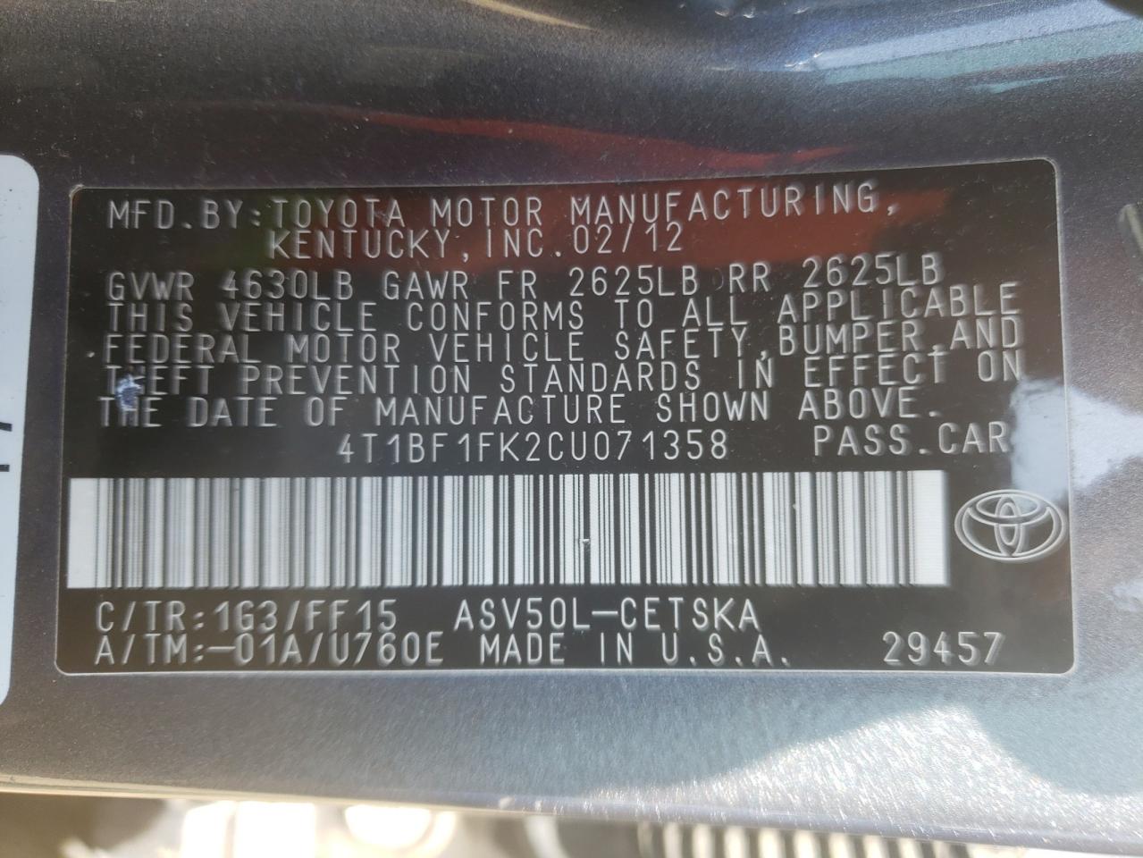 Photo 10 from auction – 2012 TOYOTA CAMRY BASE with VIN 4T1BF1FK2CU071358