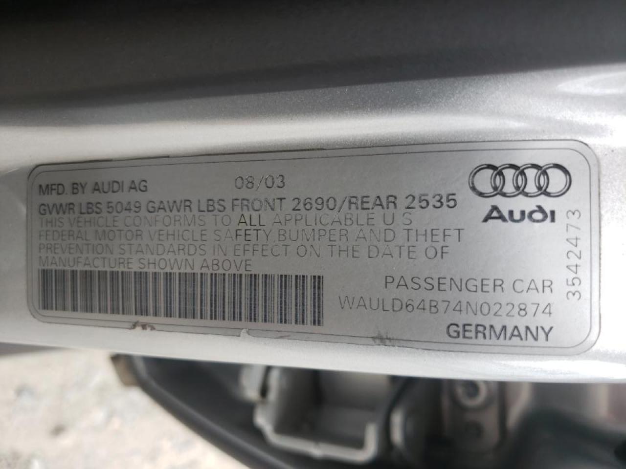 Photo 10 from auction – 2004 AUDI A6 2.7T QU with VIN WAULD64B74N022874