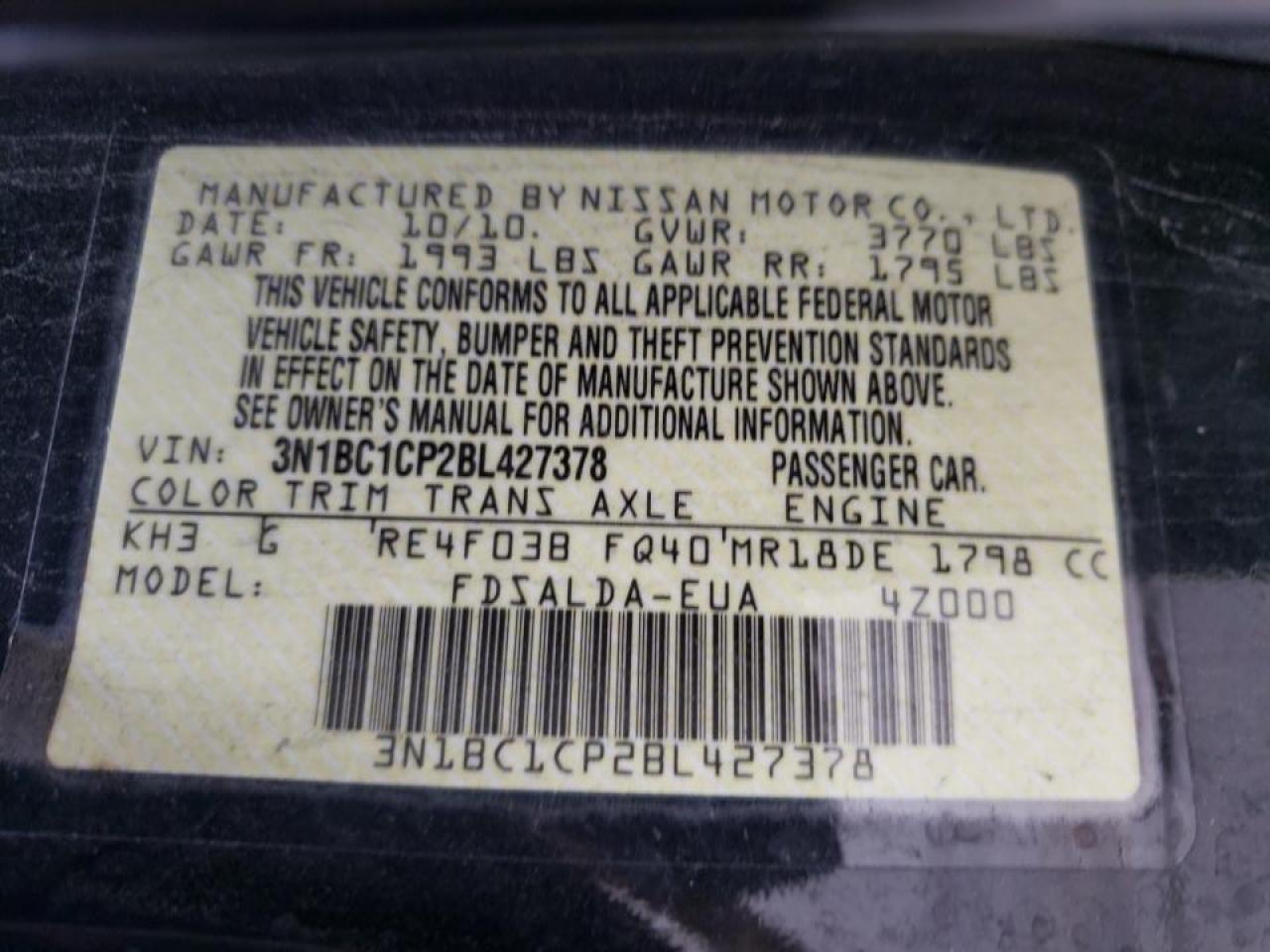 Photo 10 from auction – 2011 NISSAN VERSA S with VIN 3N1BC1CP2BL427378