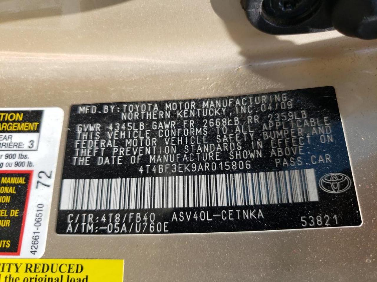 Photo 10 from auction – 2010 TOYOTA CAMRY BASE with VIN 4T4BF3EK9AR015806