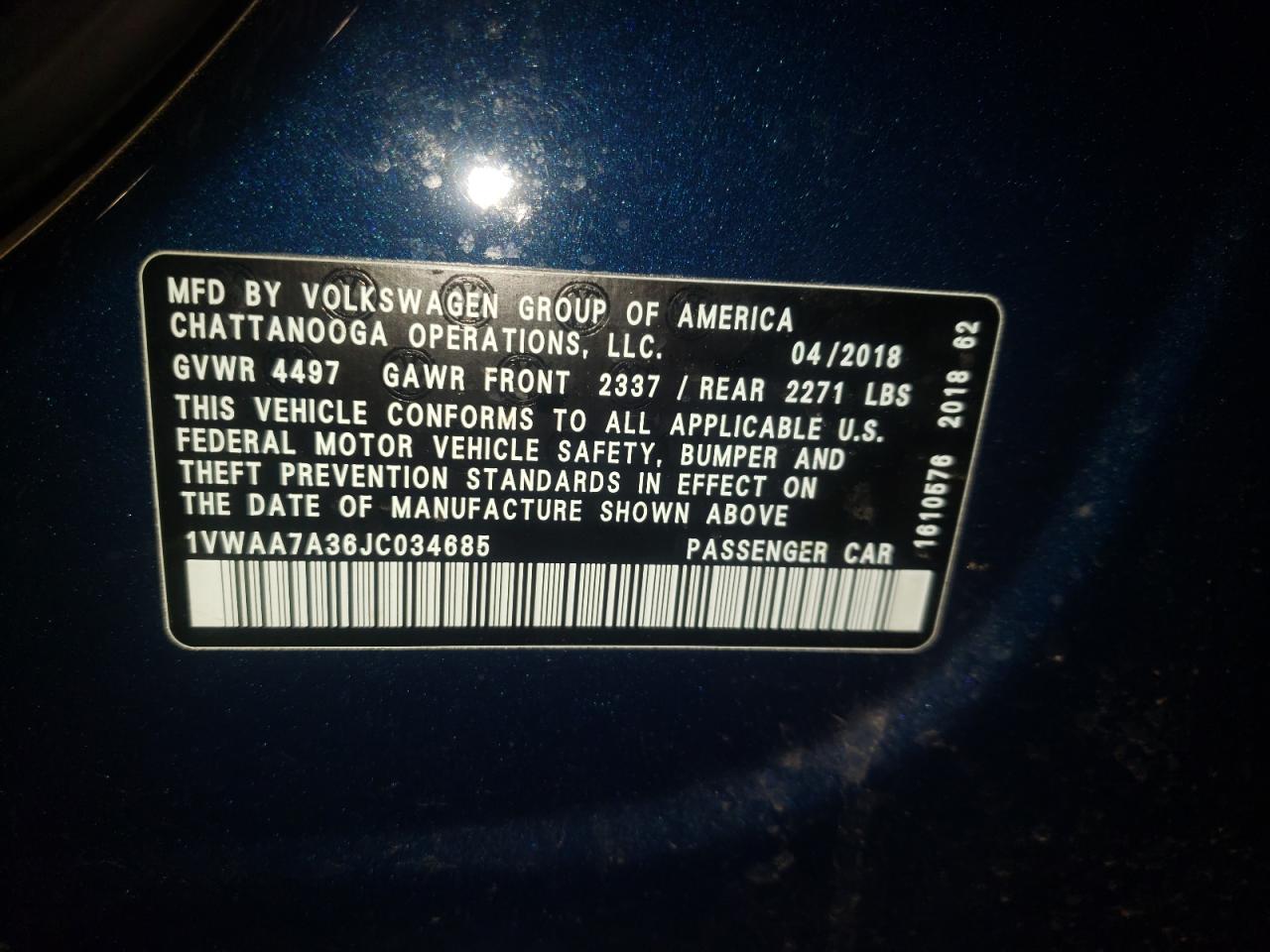 Photo 10 from auction – 2018 VOLKSWAGEN PASSAT S with VIN 1VWAA7A36JC034685