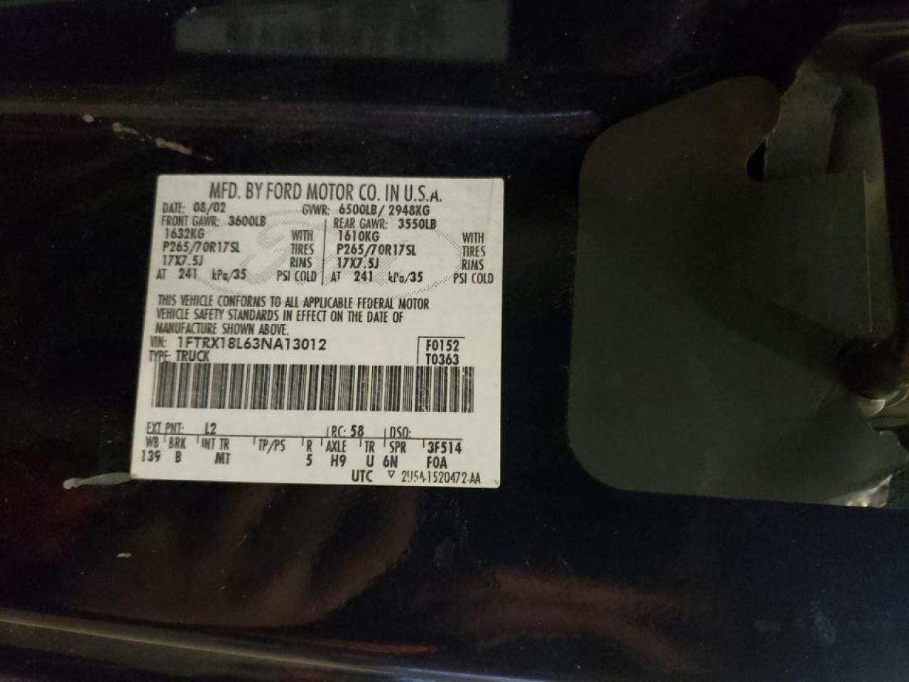 Photo 10 from auction – 2003 FORD F150 with VIN 1FTRX18L63NA13012