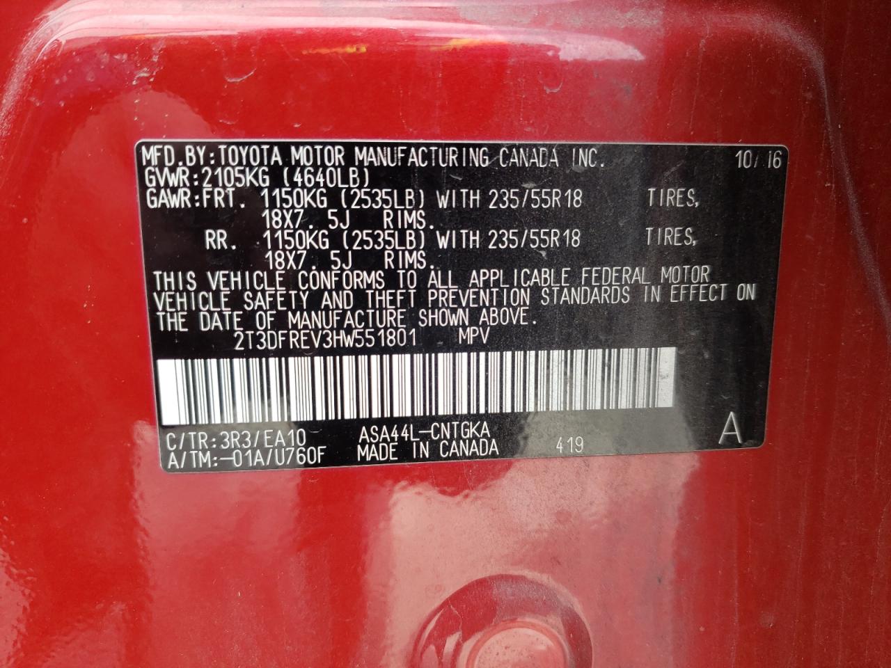 Photo 10 from auction – 2017 TOYOTA RAV4 LIMIT with VIN 2T3DFREV3HW551801