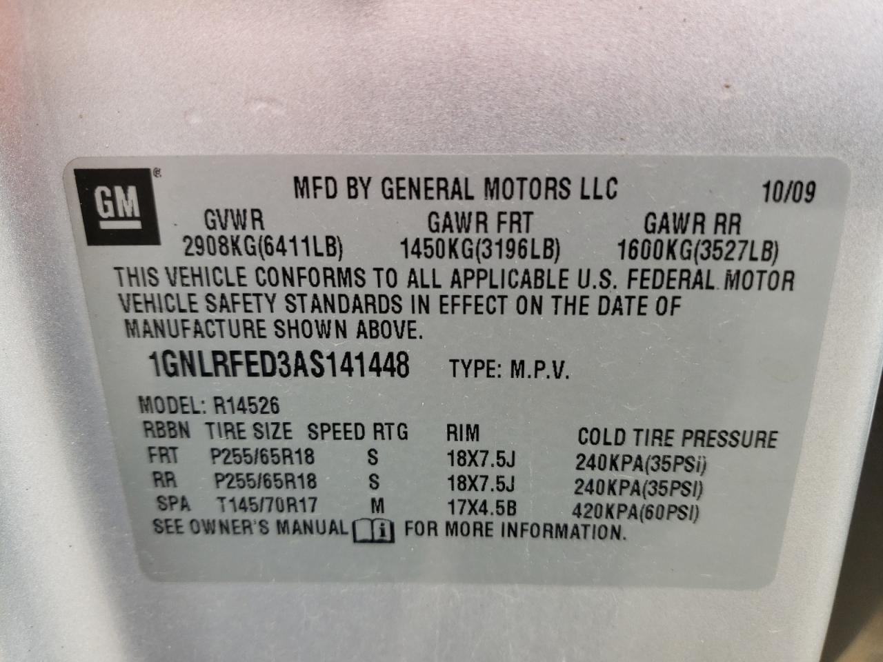 Photo 10 from auction – 2010 CHEVROLET TRAVERSE L with VIN 1GNLRFED3AS141448