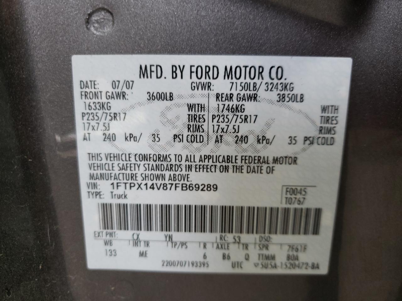 Photo 10 from auction – 2007 FORD F150 with VIN 1FTPX14V87FB69289
