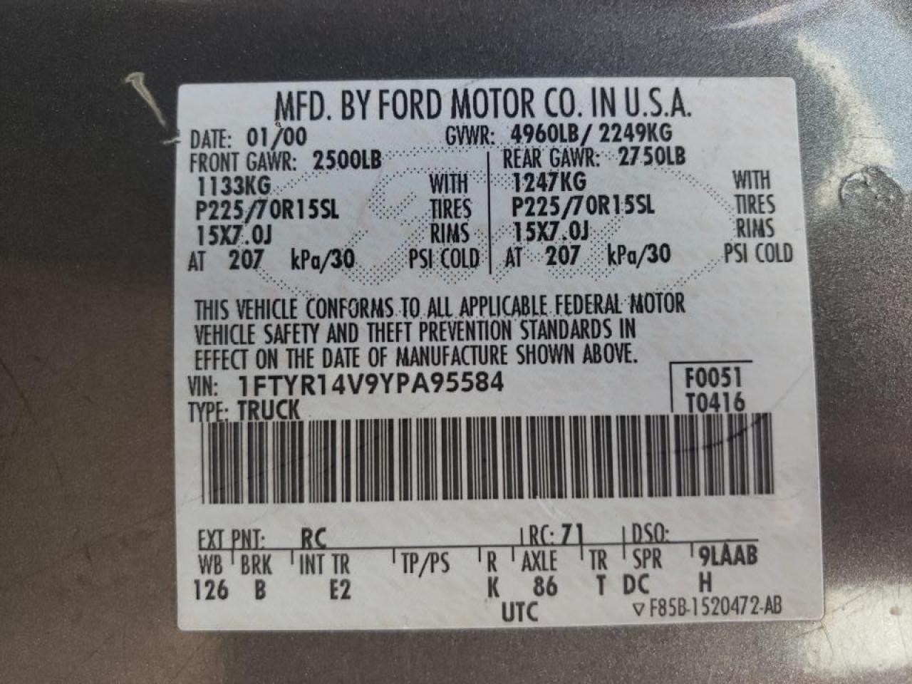 Photo 10 from auction – 2000 FORD RANGER SUP with VIN 1FTYR14V9YPA95584