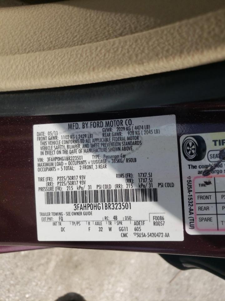 Photo 10 from auction – 2011 FORD FUSION SE with VIN 3FAHP0HG1BR323501