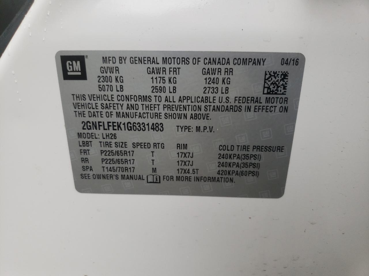 Photo 10 from auction – 2016 CHEVROLET EQUINOX LT with VIN 2GNFLFEK1G6331483