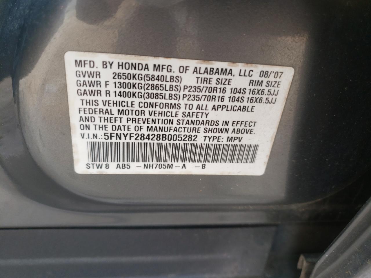 Photo 10 from auction – 2008 HONDA PILOT EX with VIN 5FNYF28428B005282
