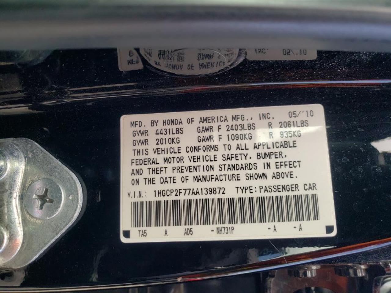 Photo 10 from auction – 2010 HONDA ACCORD EX with VIN 1HGCP2F77AA139872