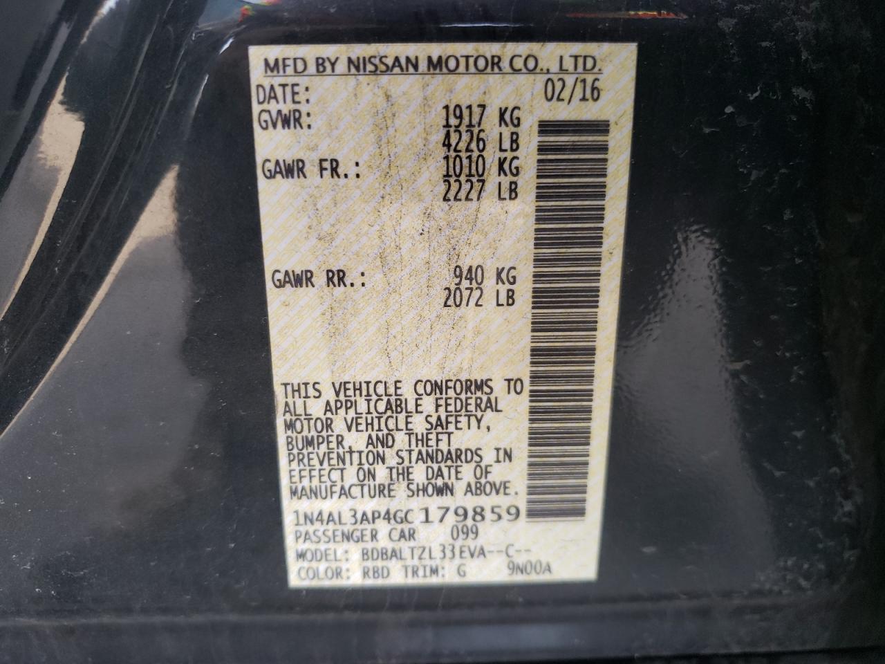 Photo 10 from auction – 2016 NISSAN ALTIMA 2.5 with VIN 1N4AL3AP4GC179859
