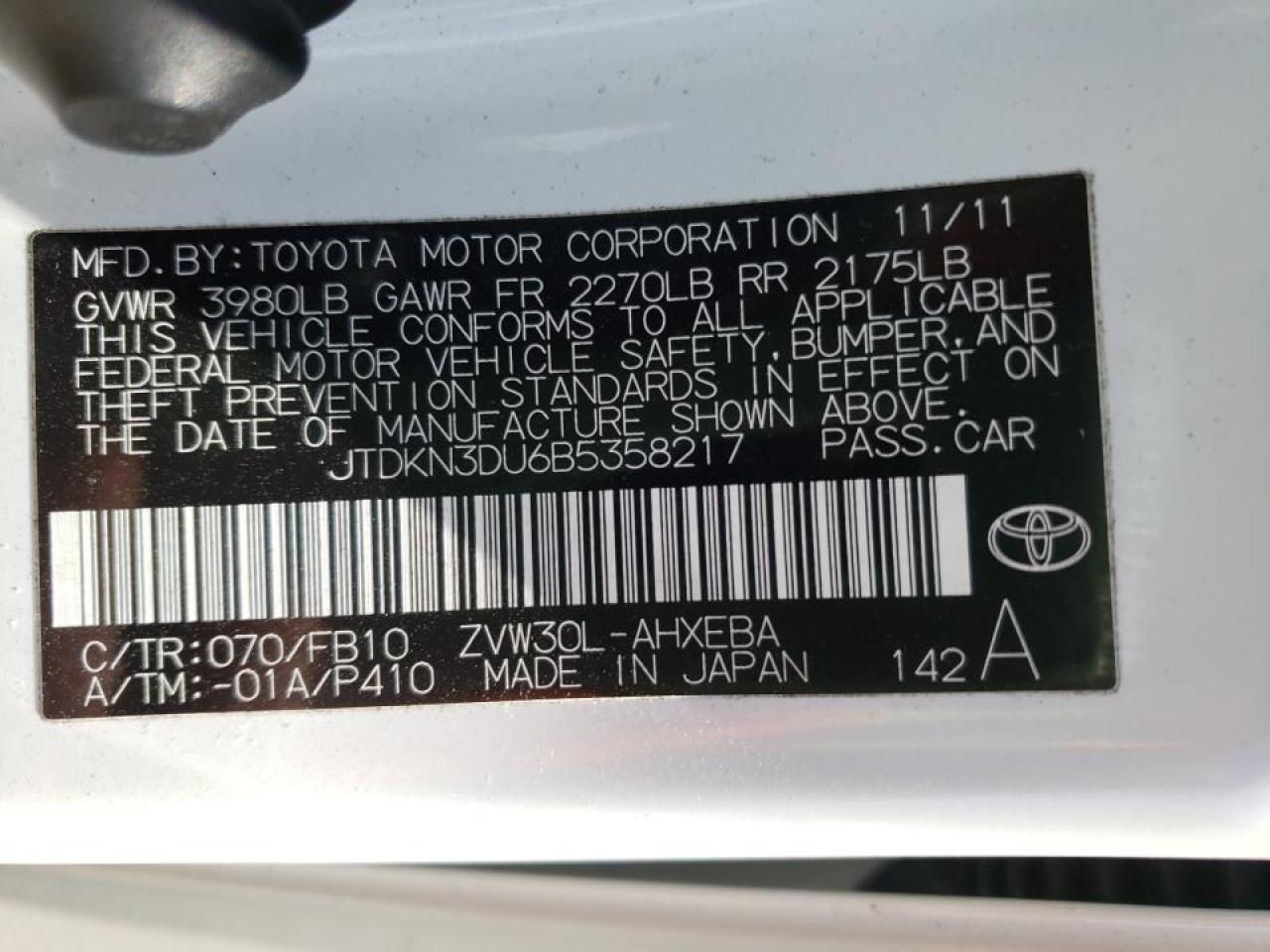 Zdjęcie 10 z aukcji – 2011 TOYOTA PRIUS z VIN JTDKN3DU6B5358217