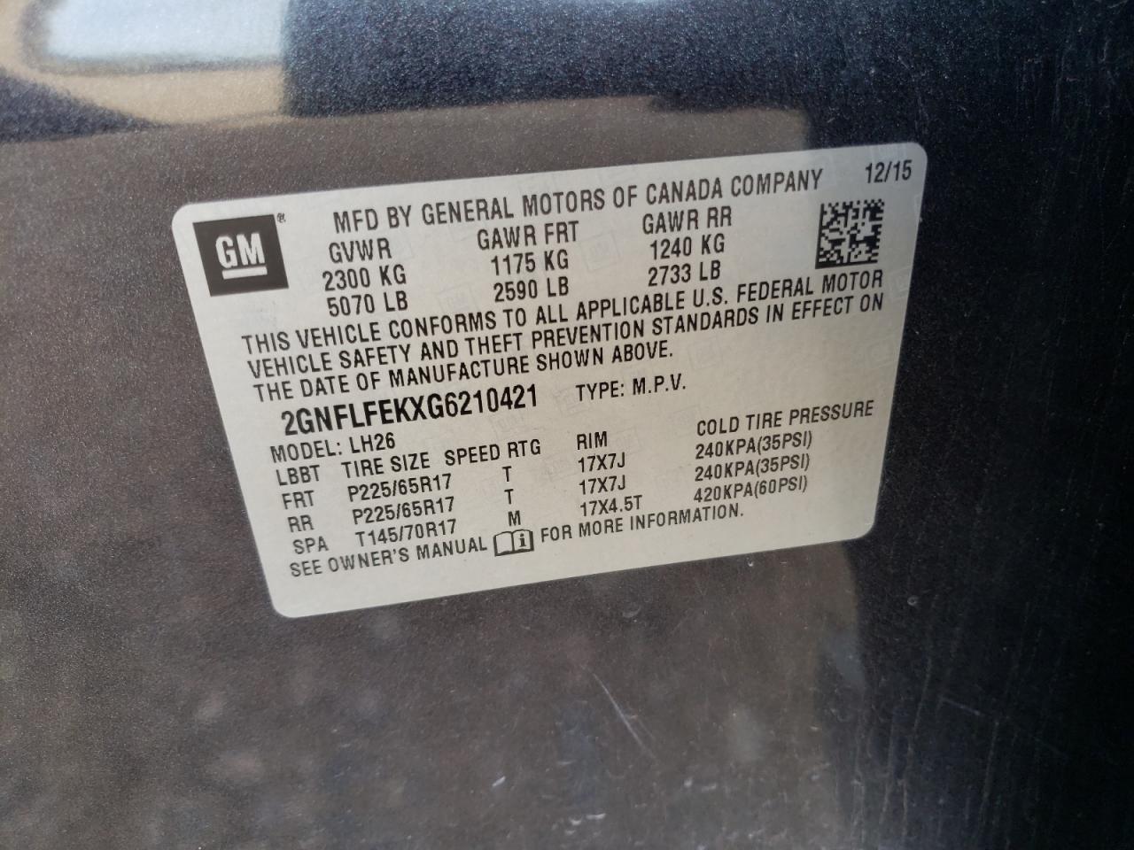 Photo 10 from auction – 2016 CHEVROLET EQUINOX LT with VIN 2GNFLFEKXG6210421