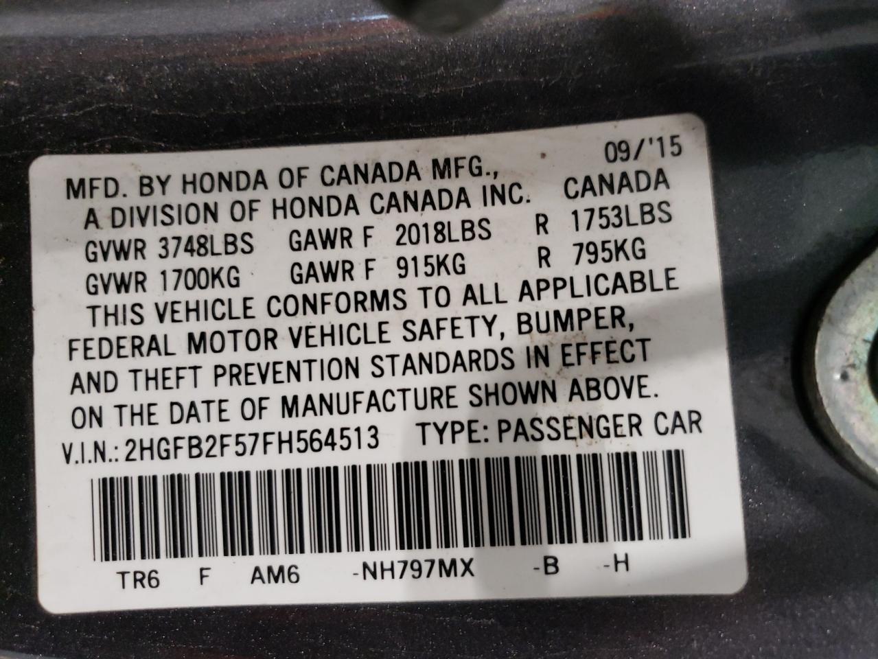 Photo 10 from auction – 2015 HONDA CIVIC LX with VIN 2HGFB2F57FH564513