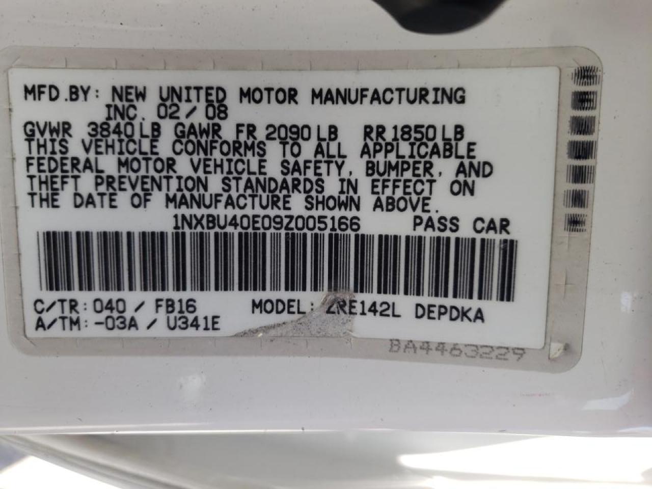Photo 10 from auction – 2009 TOYOTA COROLLA BA with VIN 1NXBU40E09Z005166