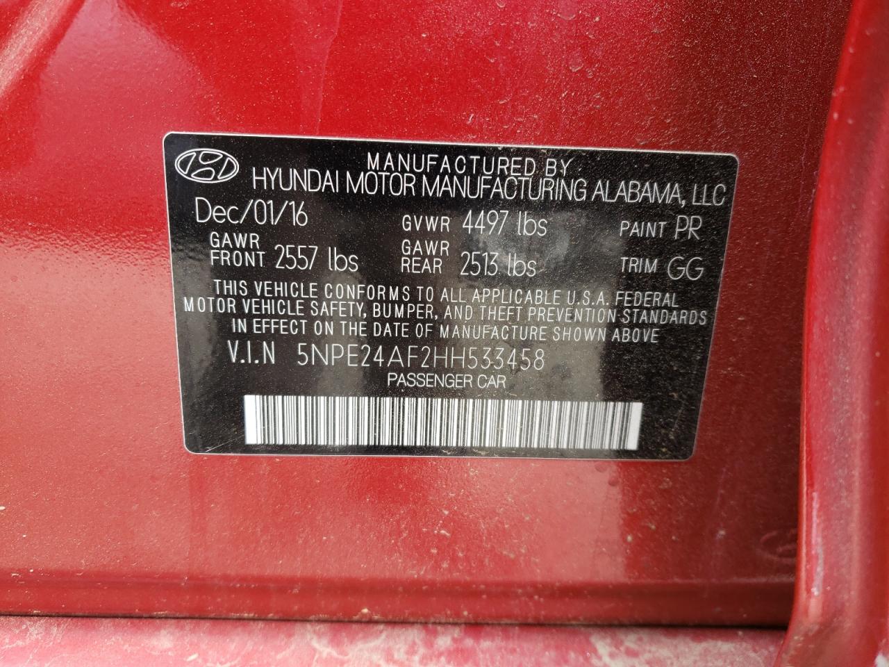 Photo 10 from auction – 2017 HYUNDAI SONATA SE with VIN 5NPE24AF2HH533458