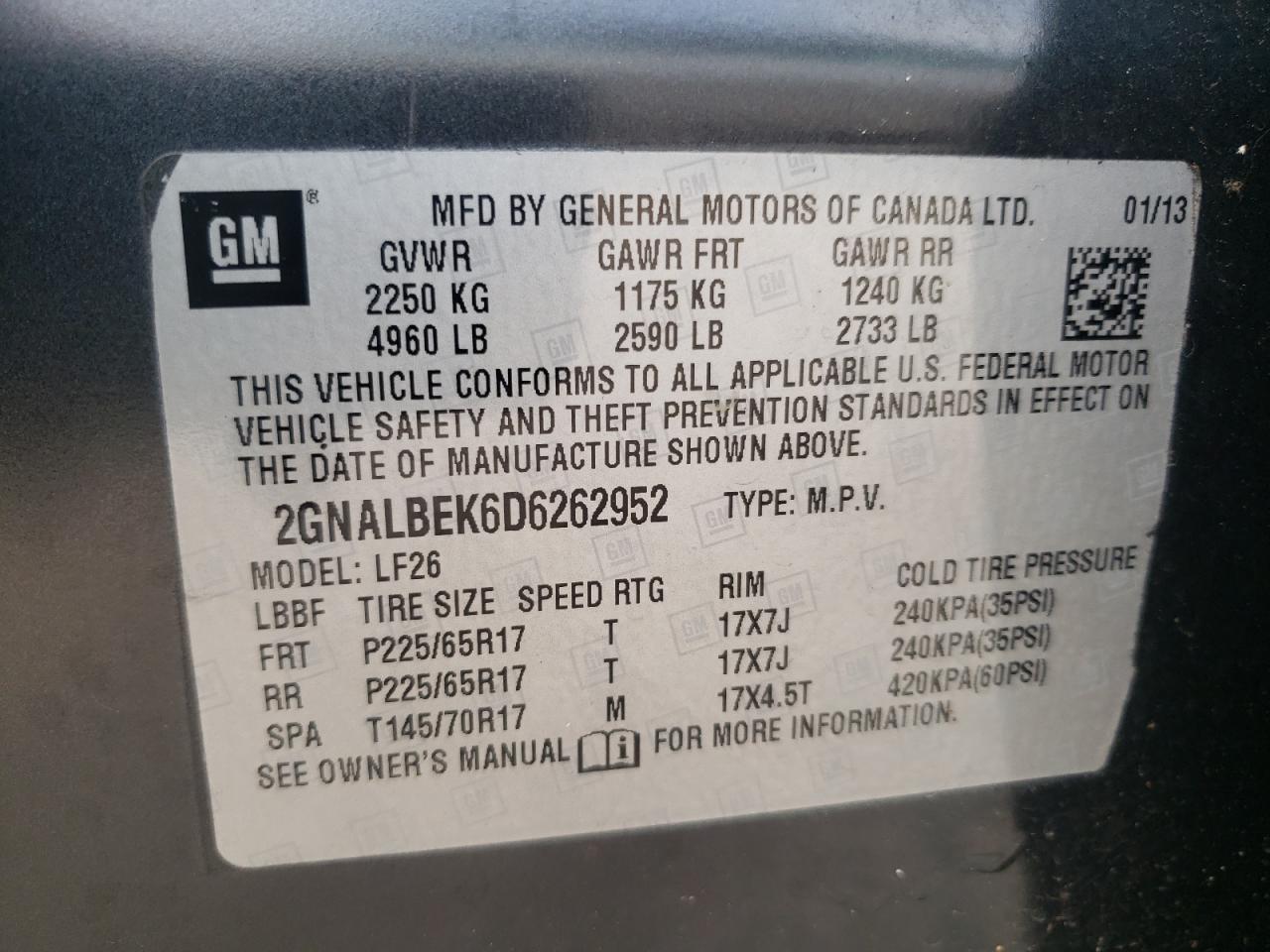 Photo 10 from auction – 2013 CHEVROLET EQUINOX LS with VIN 2GNALBEK6D6262952