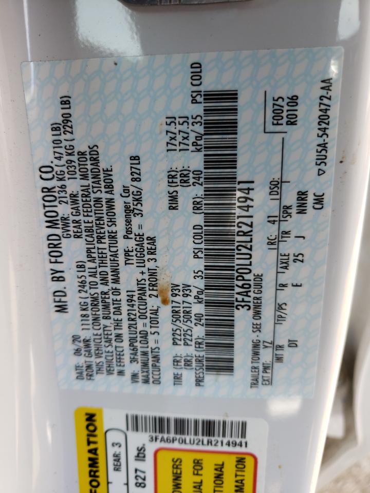 Photo 10 from auction – 2020 FORD FUSION SE with VIN 3FA6P0LU2LR214941