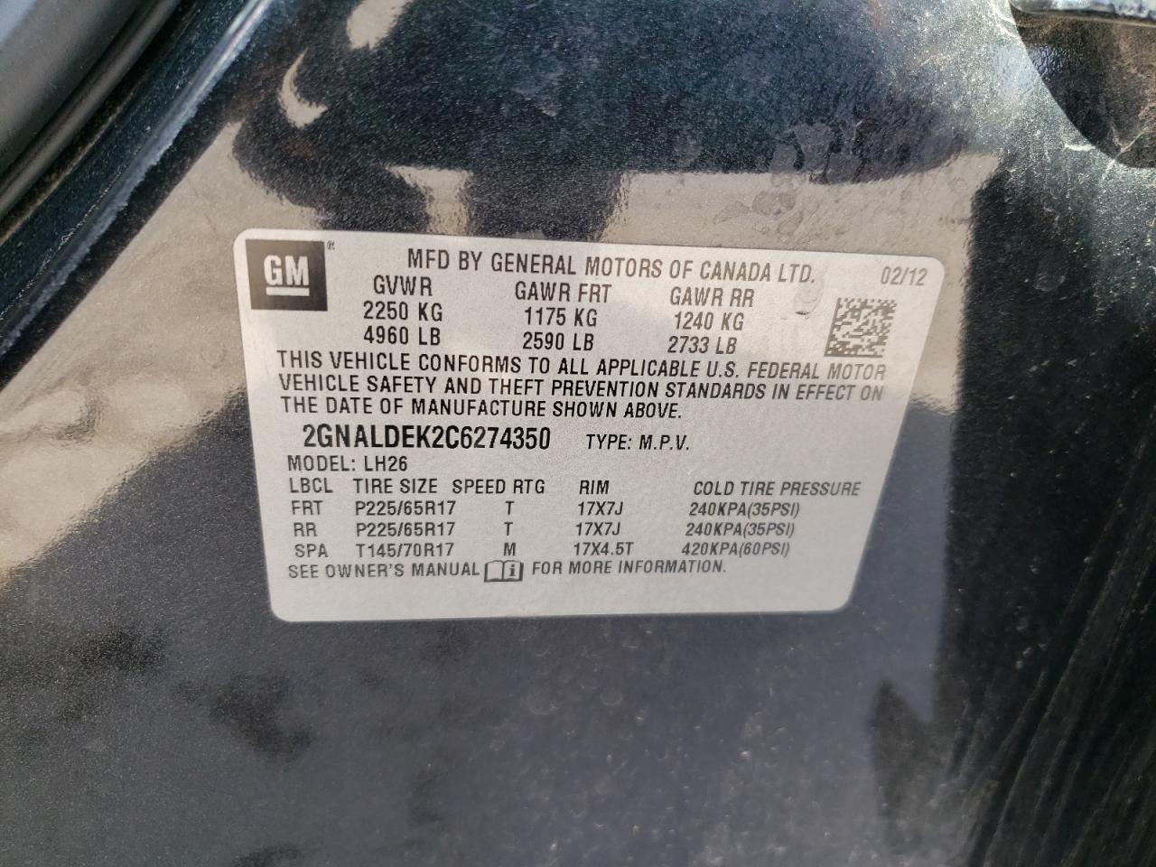 Photo 10 from auction – 2012 CHEVROLET EQUINOX LT with VIN 2GNALDEK2C6274350